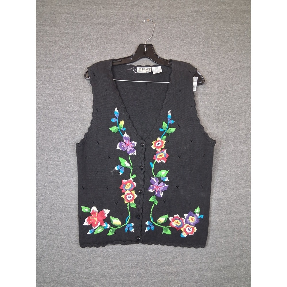 Liz Baker Womens Sweater‎ M Black Floral Embroidered Cardigan Vest VTG Granny